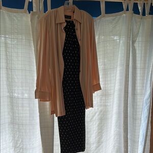 Ellen Tracy Set Blush oversized tunic +blush, black polka dot straight leg pants